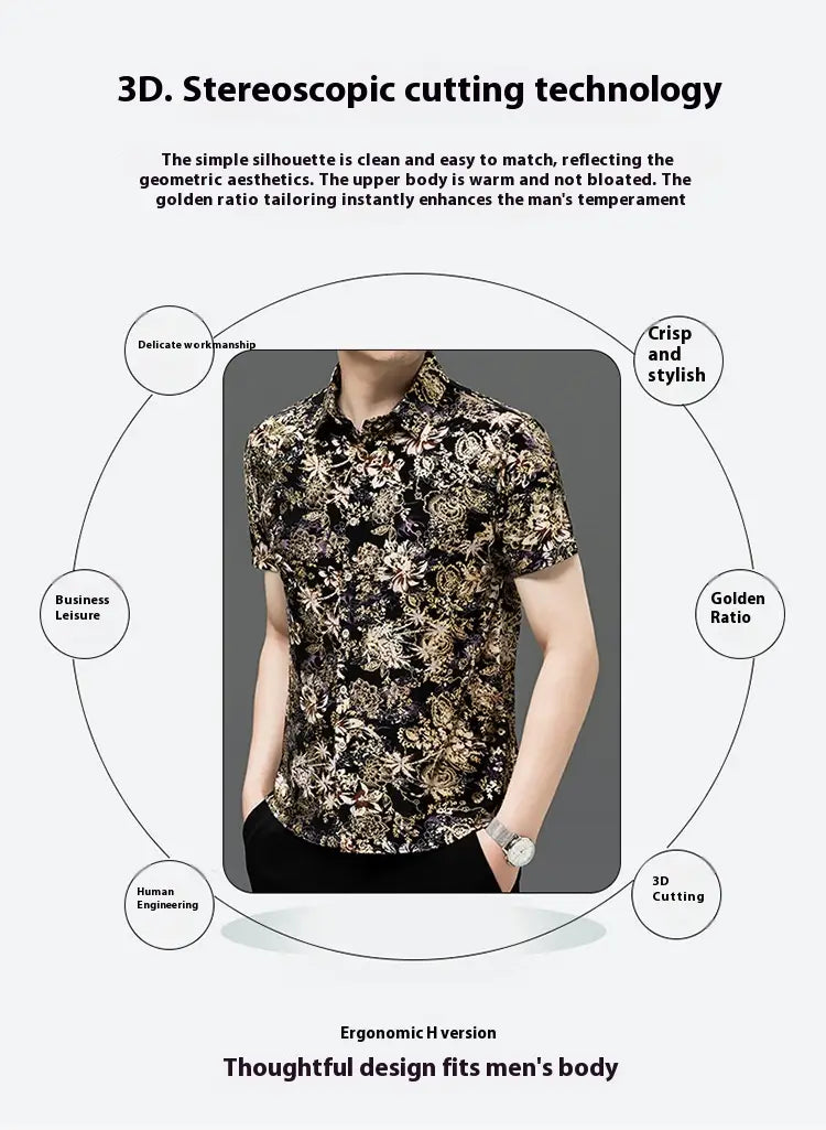 Summer Men’s Middle-aged Printed Shirt Short Sleeve Stretch Ice Silk Leisure