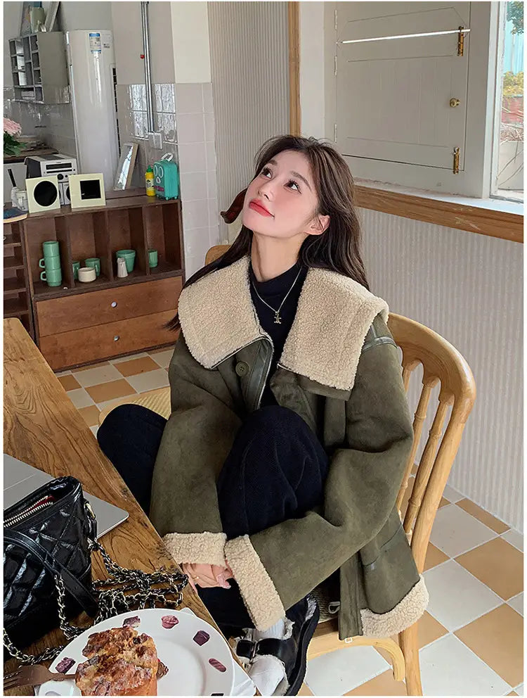 Women’s Korean-style Retro Green Suede Lambswool Coat