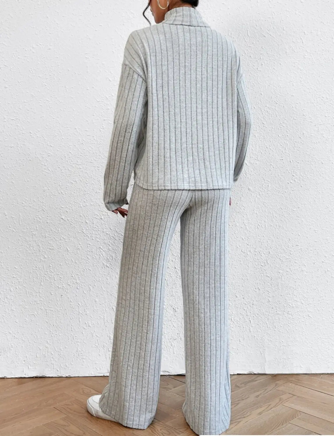 Turtleneck Long Sleeve Sunken Stripe Loose Wide Leg Pants Two-piece Set
