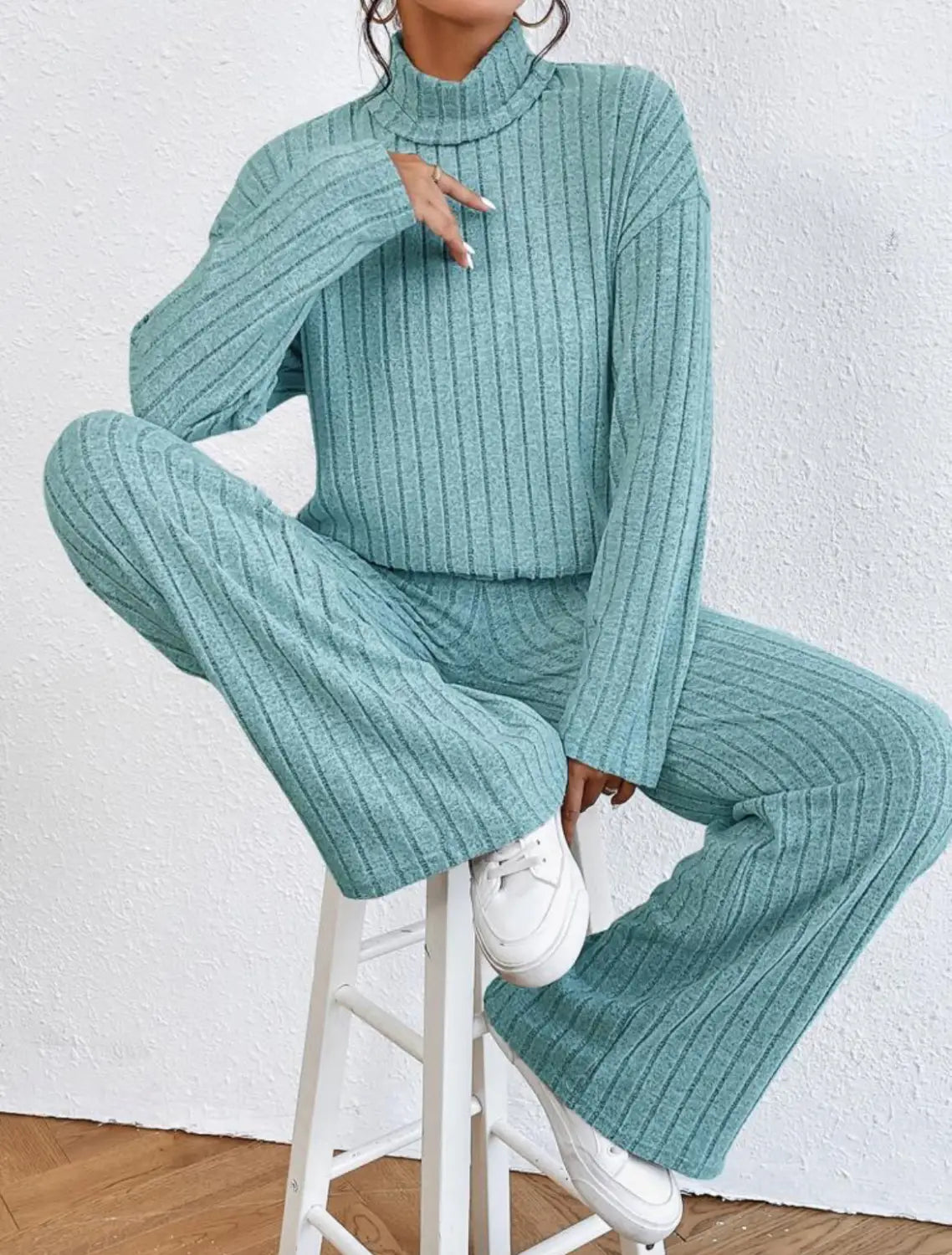 Turtleneck Long Sleeve Sunken Stripe Loose Wide Leg Pants Two-piece Set