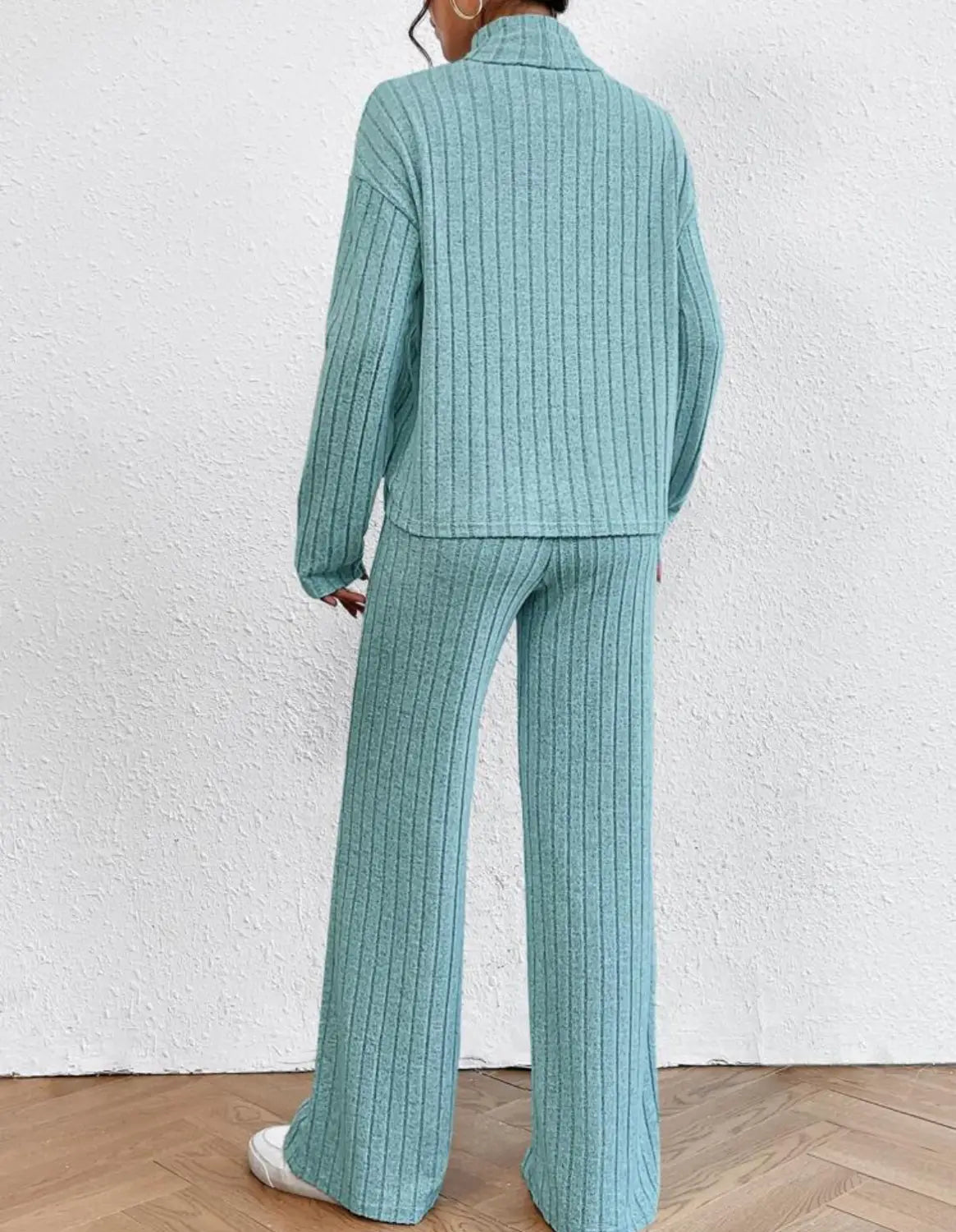 Turtleneck Long Sleeve Sunken Stripe Loose Wide Leg Pants Two-piece Set