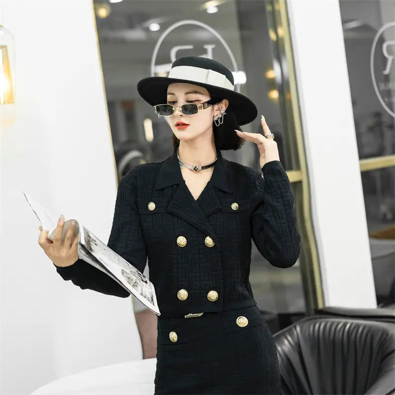 Classic Style Advanced Sense Gold Buckle B Letter Two-piece Set Skirt Suit