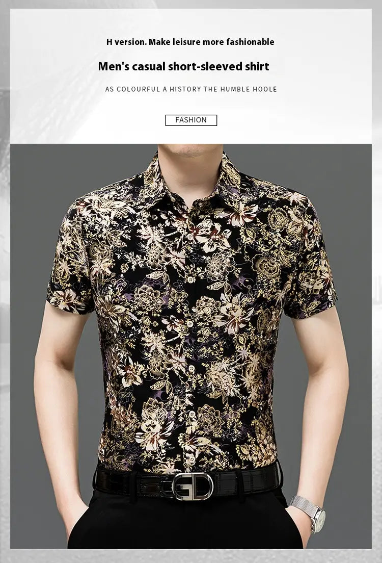 Summer Men’s Middle-aged Printed Shirt Short Sleeve Stretch Ice Silk Leisure