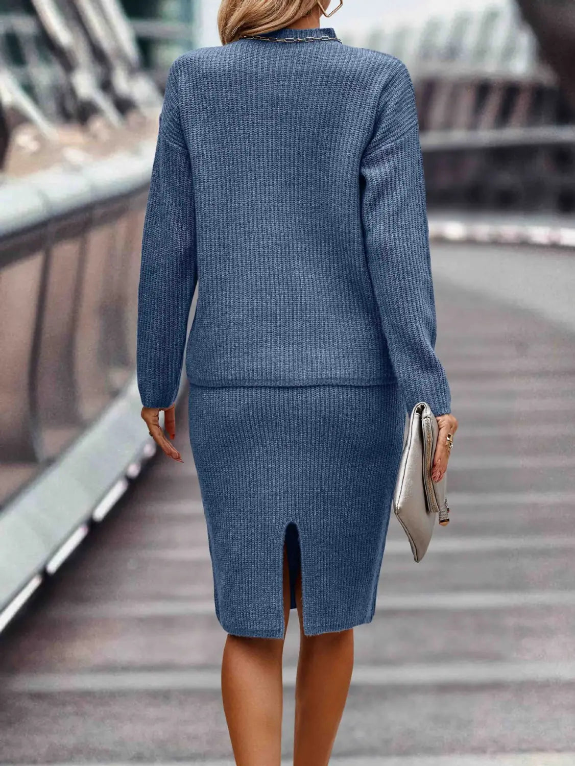 Sleek Solid Color Style Navy Blue Long Sleeve Set