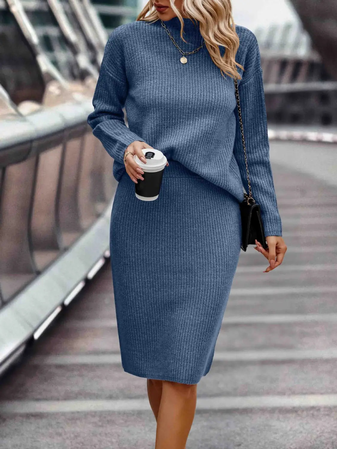 Sleek Solid Color Style Navy Blue Long Sleeve Set