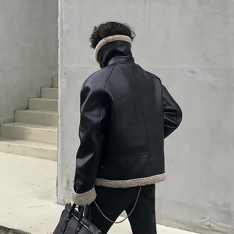 Men’s Fleece Padded Collar Lambskin Leather Jacket