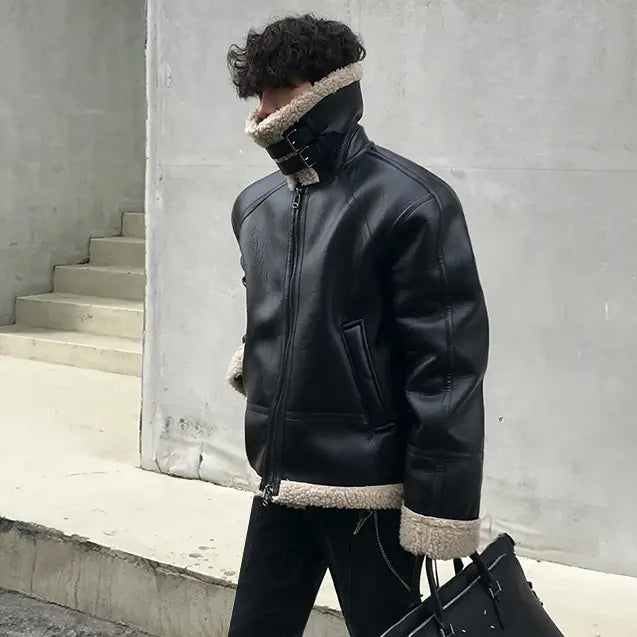 Men’s Fleece Padded Collar Lambskin Leather Jacket
