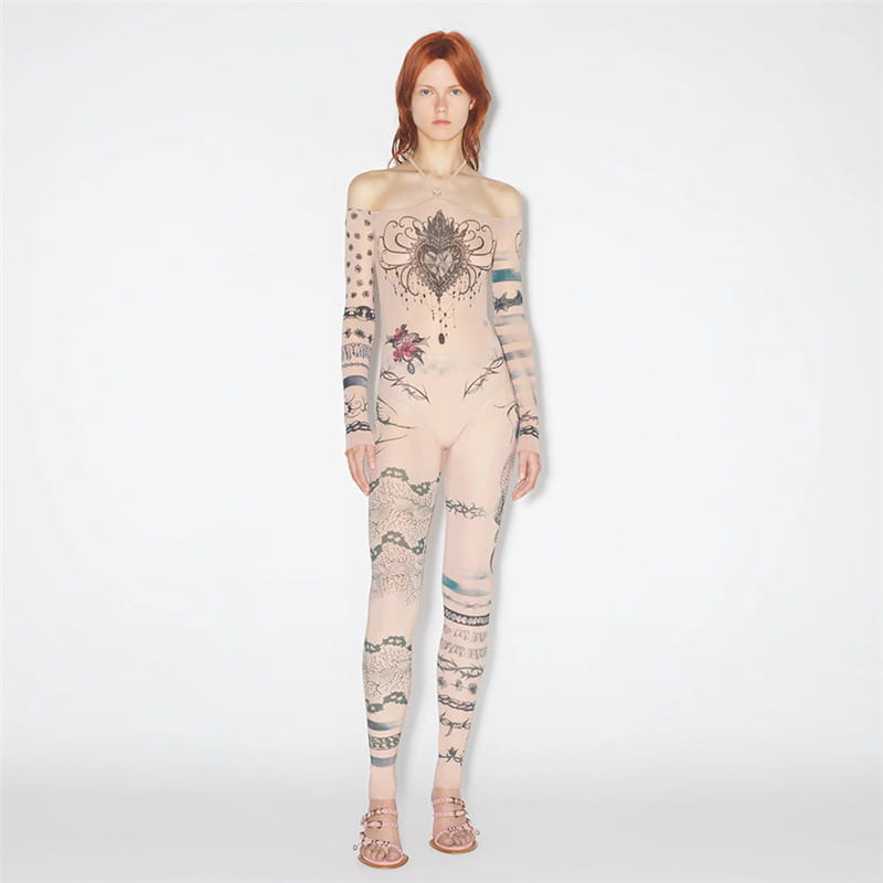 Off-shoulder Mesh Floral Print Jumpsuit High Waist Trousers Suit Women