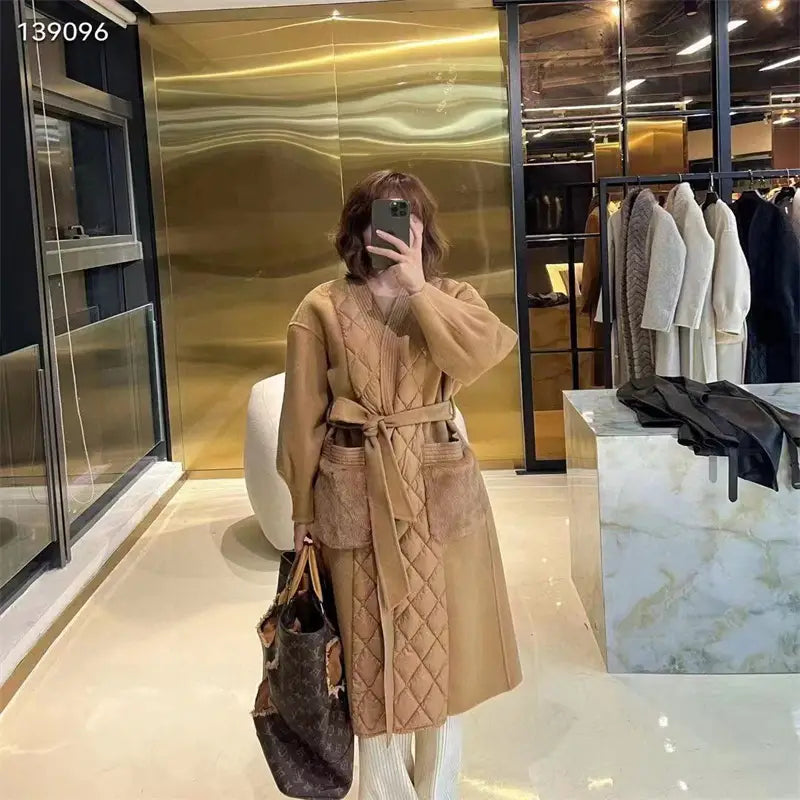 Cashmere Coat Down Jacket Women’s Stitching White Goose Down Mid-length Coat