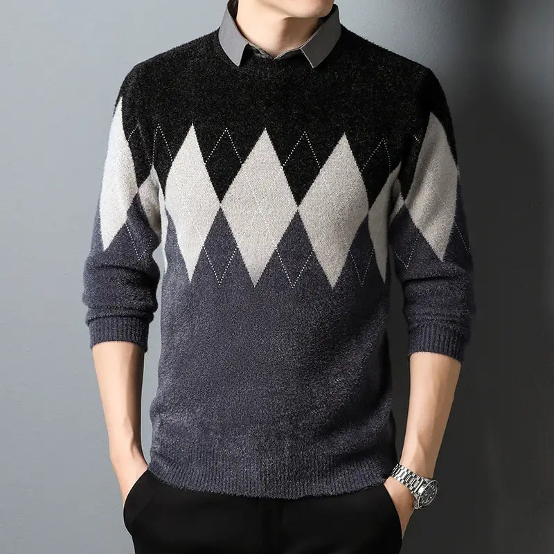 Men’s Diamond Block Fake Two-piece Imitation Mink Bottoming Shirt