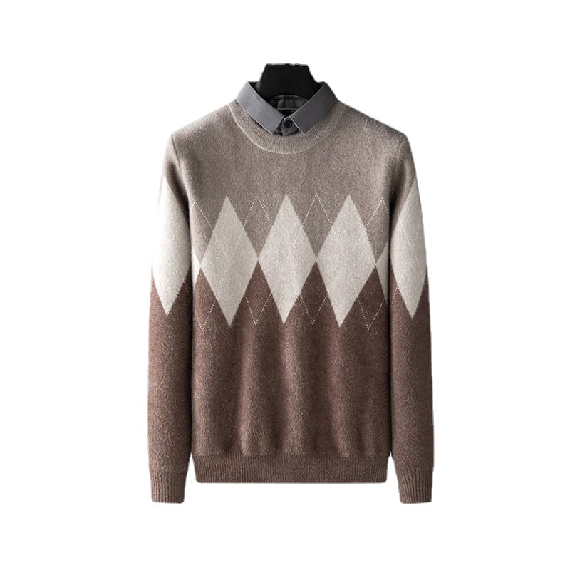 Men’s Diamond Block Fake Two-piece Imitation Mink Bottoming Shirt