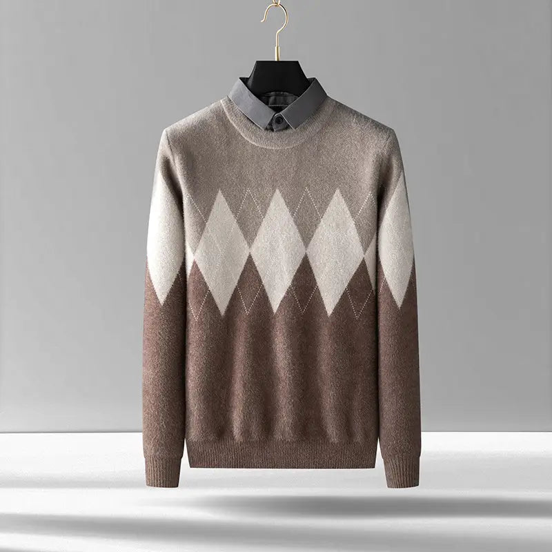 Men’s Diamond Block Fake Two-piece Imitation Mink Bottoming Shirt