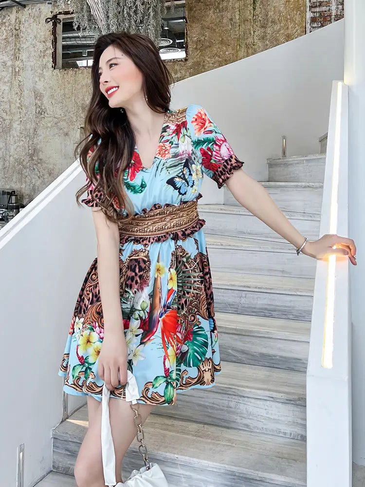 Printed Small Waist Slim V-neck Dress In Summer
