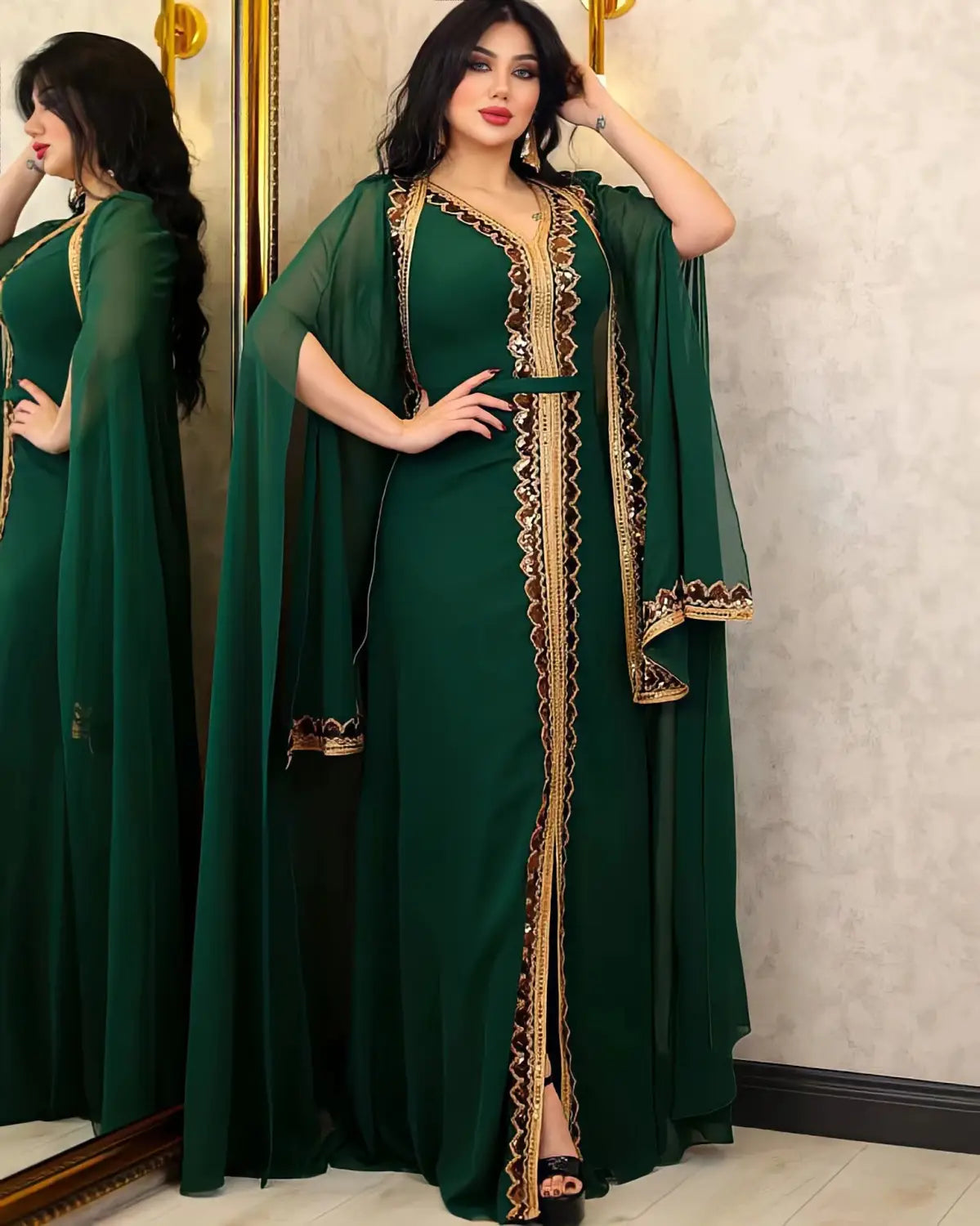 Middle East Muslim Women’s Wear Sequined Gown Suit Dress Cape Robe