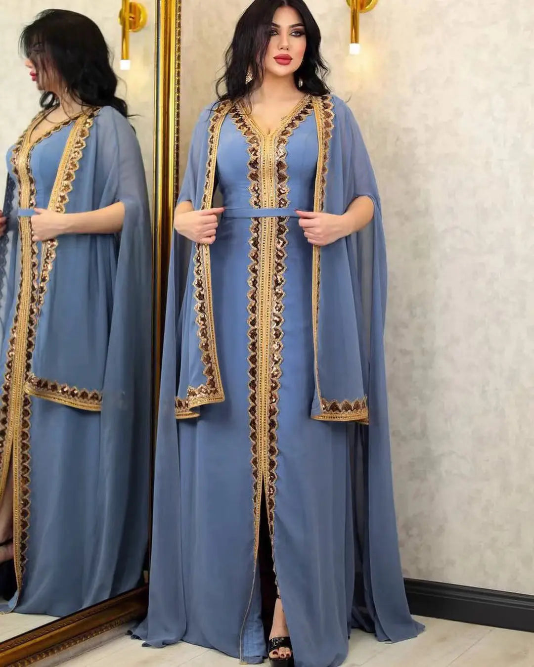 Middle East Muslim Women’s Wear Sequined Gown Suit Dress Cape Robe