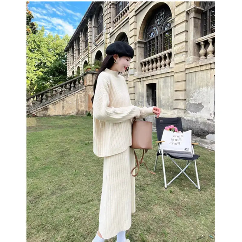 Autumn And Winter New Half Turtleneck Sunken Stripe Loose-fitting Women’s Sweater Dress