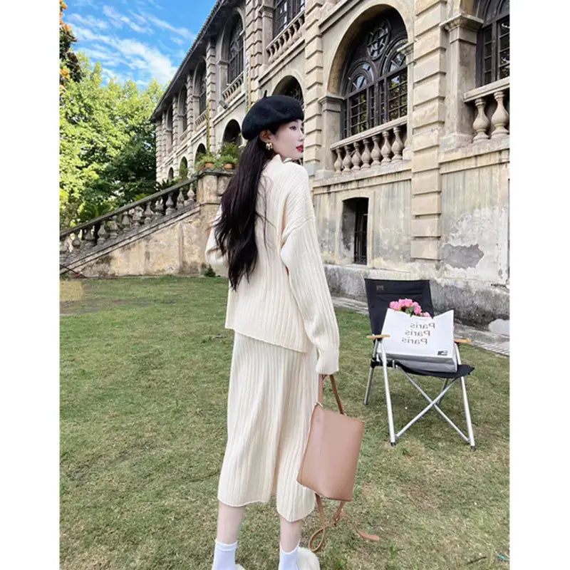 Autumn And Winter New Half Turtleneck Sunken Stripe Loose-fitting Women’s Sweater Dress