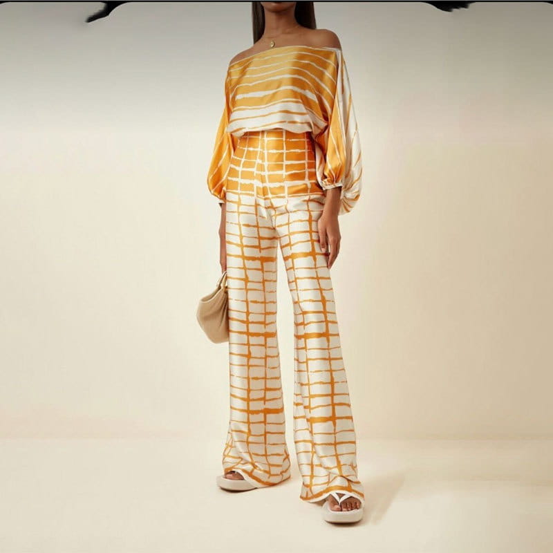 Summer Women’s Clothing Printed Round Neck Loose Batwing Sleeve Waist Wide Leg Pants Fashion Casual Set