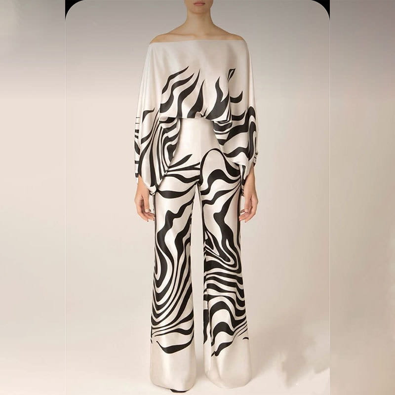 Summer Women’s Clothing Printed Round Neck Loose Batwing Sleeve Waist Wide Leg Pants Fashion Casual Set