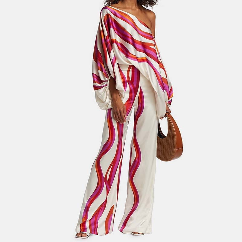 Summer Women’s Clothing Printed Round Neck Loose Batwing Sleeve Waist Wide Leg Pants Fashion Casual Set