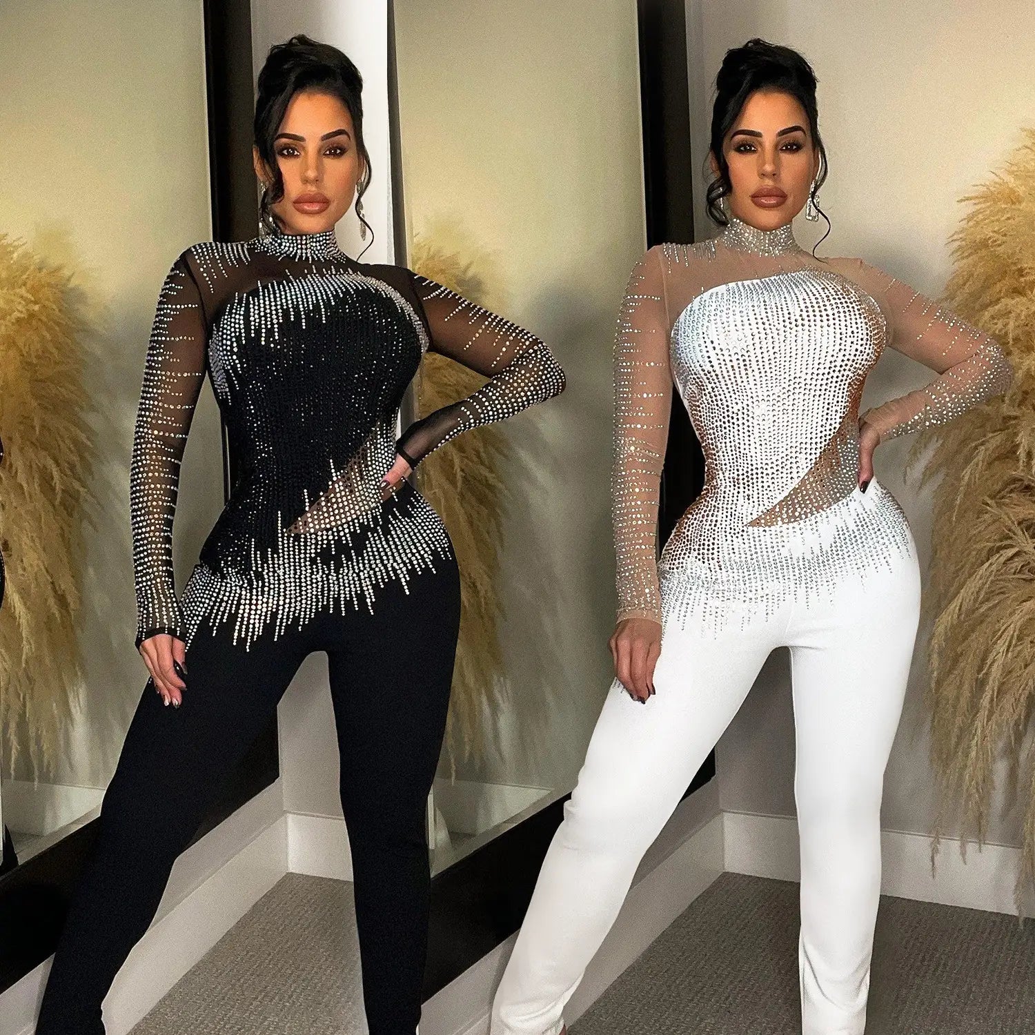 Women’s Pure Color Mesh Rhinestone Long-sleeved Trousers Jumpsuit