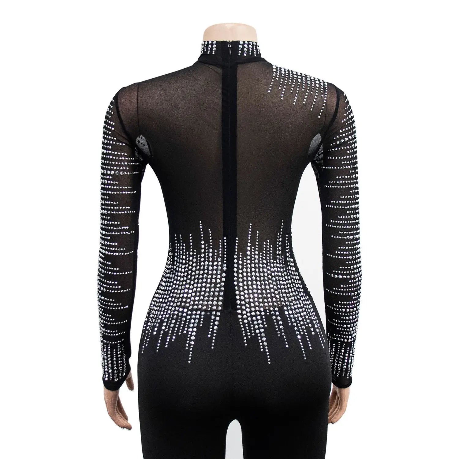 Women’s Pure Color Mesh Rhinestone Long-sleeved Trousers Jumpsuit