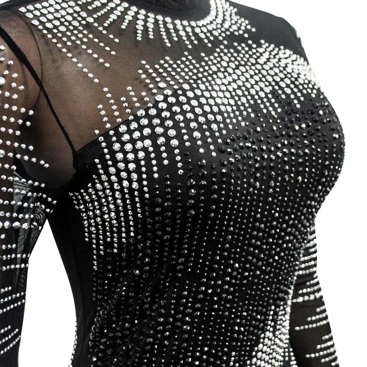 Women’s Pure Color Mesh Rhinestone Long-sleeved Trousers Jumpsuit