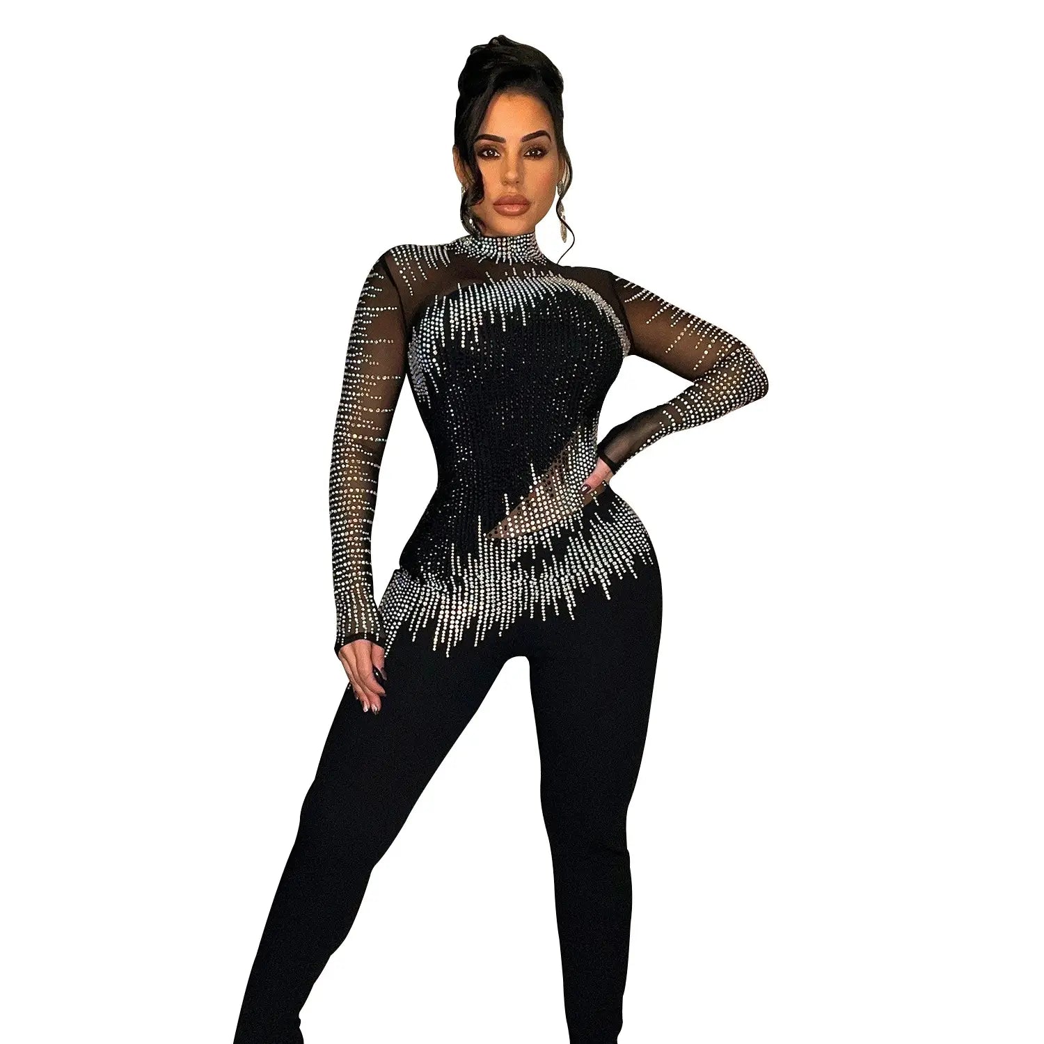 Women’s Pure Color Mesh Rhinestone Long-sleeved Trousers Jumpsuit