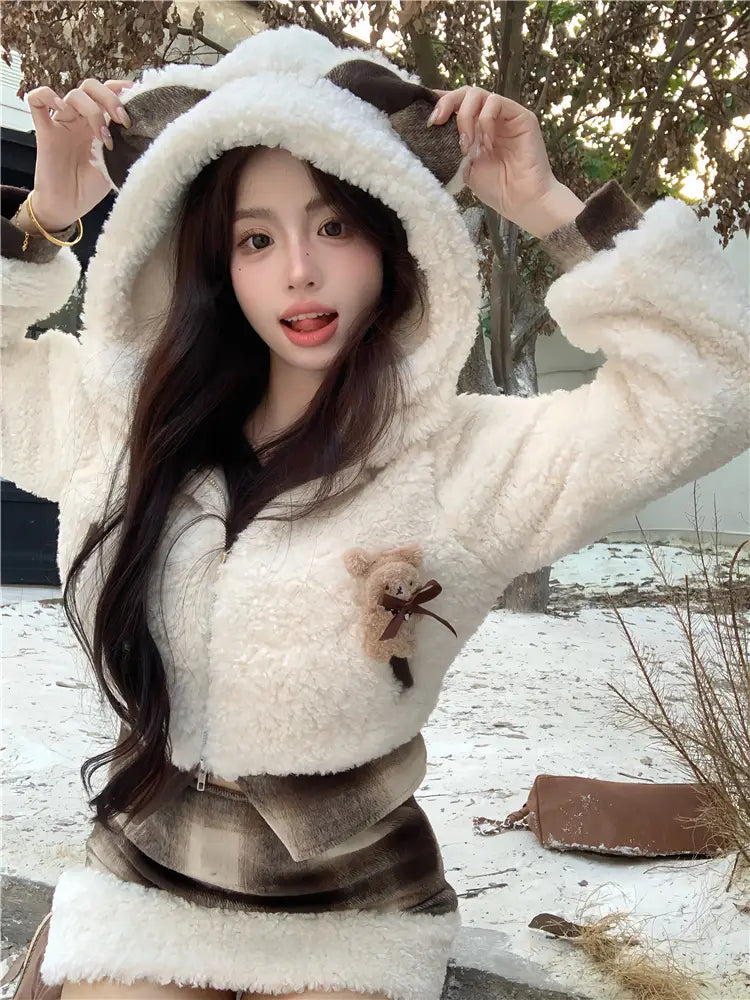 Cute Short Plush Quilted Waist Slimming Sheath Suit