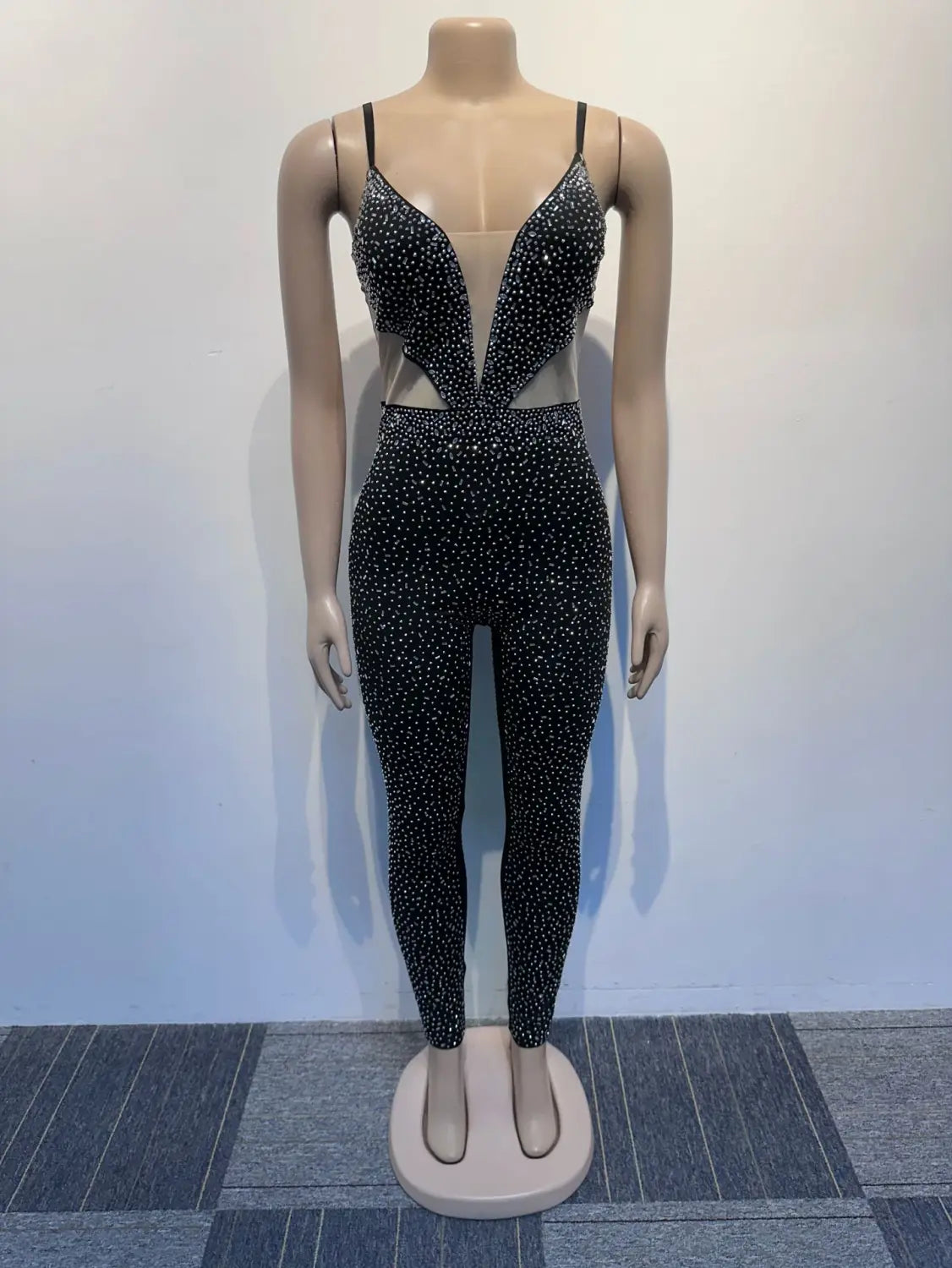 Slim Fit Rhinestone Stretch Sling Sheath Tight Jumpsuit