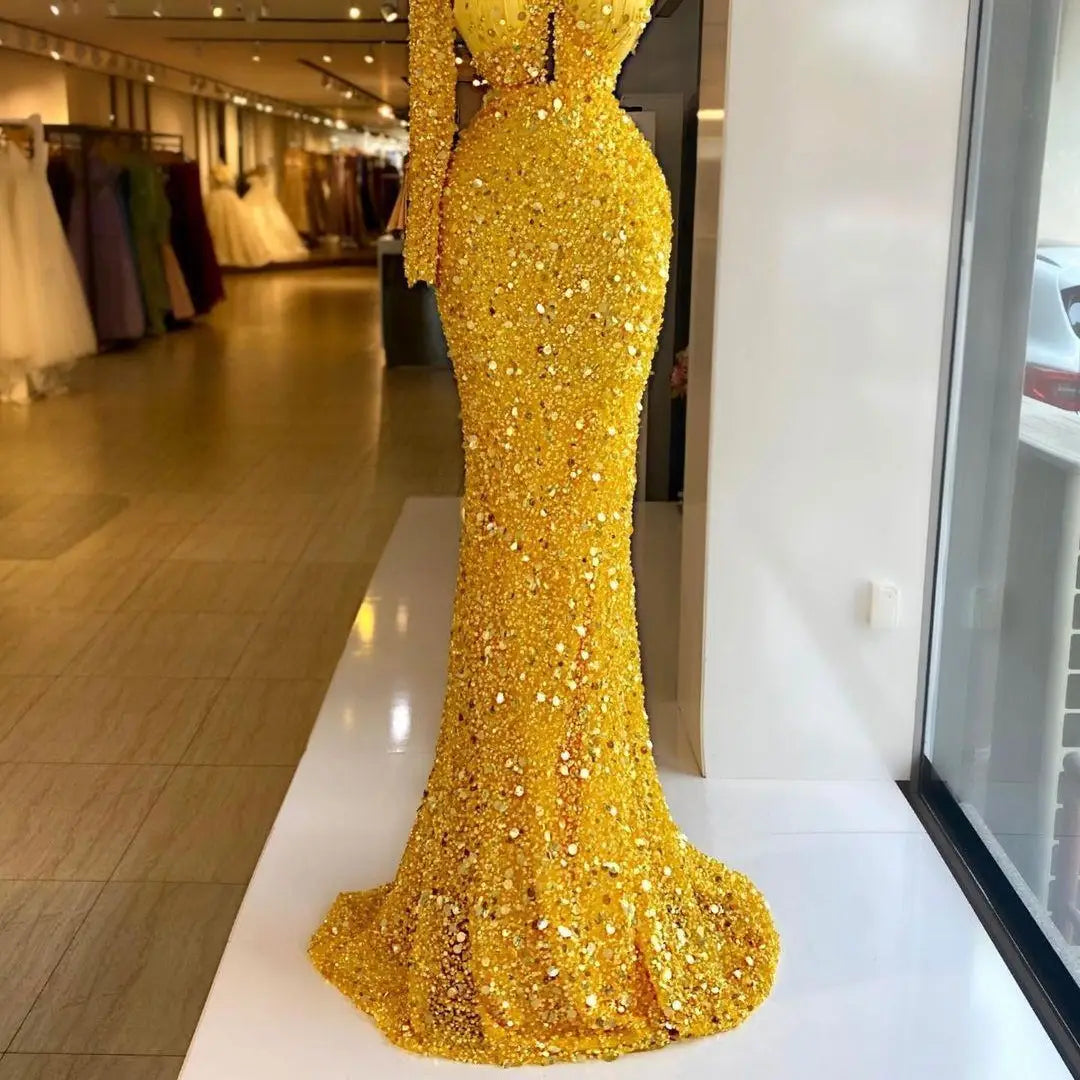 Sequined Pearl Embroidery Lace Asymmetric Single Sleeve Dress