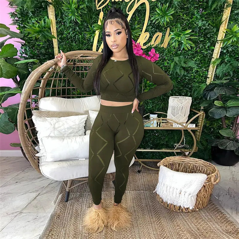 Women’s Hollow-out Ripped High Waist Tight Pants Casual Sports Suit