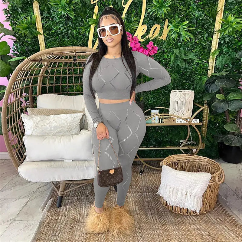 Women’s Hollow-out Ripped High Waist Tight Pants Casual Sports Suit