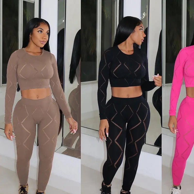 Women’s Hollow-out Ripped High Waist Tight Pants Casual Sports Suit