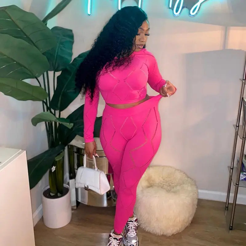 Women’s Hollow-out Ripped High Waist Tight Pants Casual Sports Suit