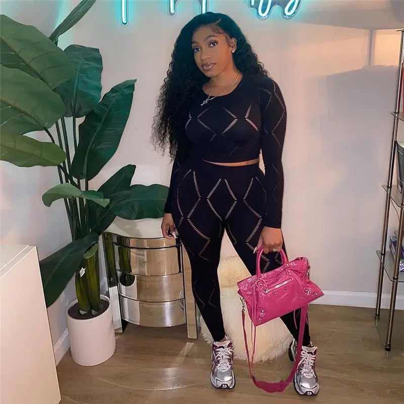 Women’s Hollow-out Ripped High Waist Tight Pants Casual Sports Suit
