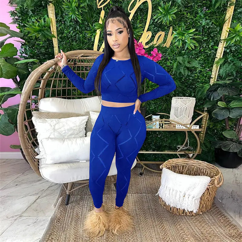 Women’s Hollow-out Ripped High Waist Tight Pants Casual Sports Suit