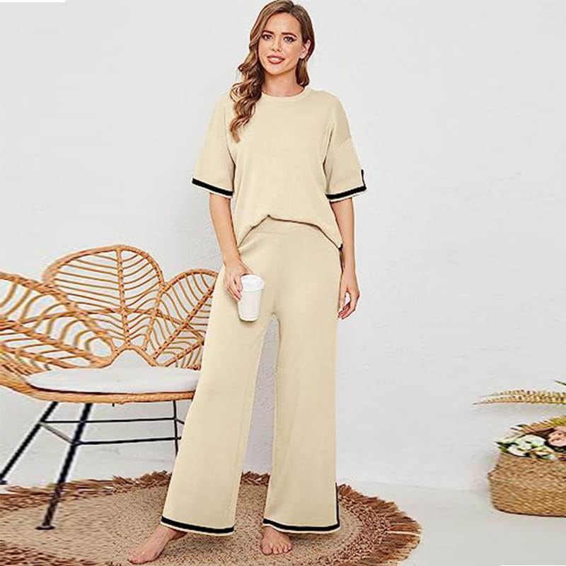 New Knitting Suit Sweater Suit Short Sleeve Pullover Wide Leg Pants