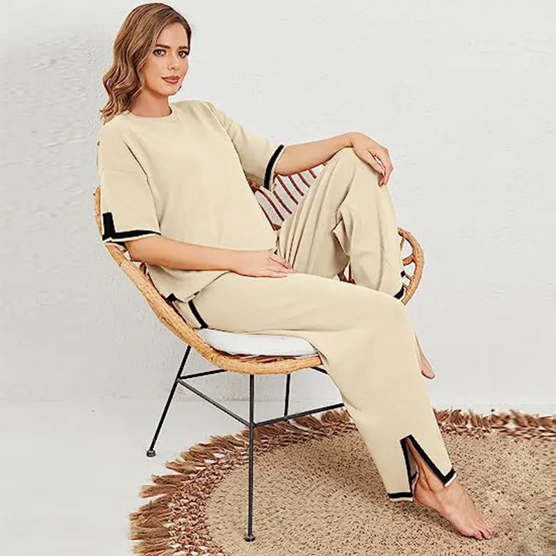 New Knitting Suit Sweater Suit Short Sleeve Pullover Wide Leg Pants