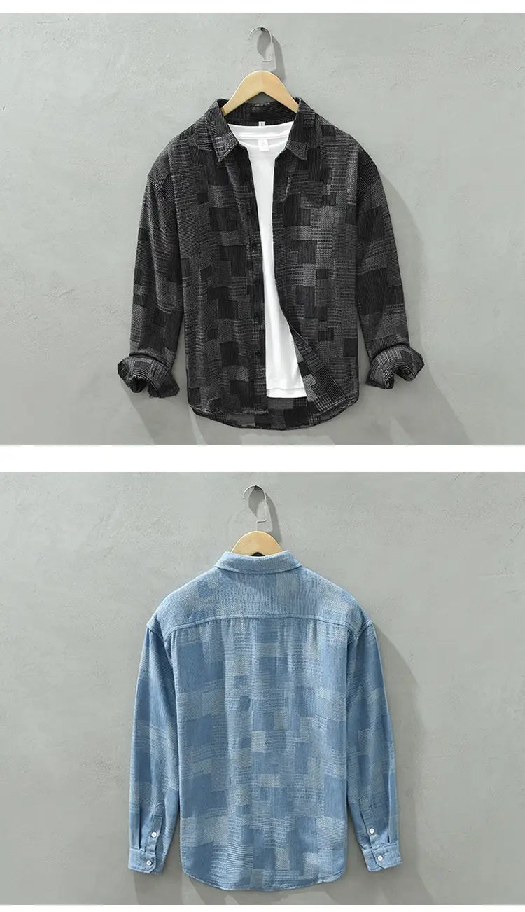Jacquard Color Matching Casual Denim Long-sleeved Shirt Men’s Loose Shirt Coat