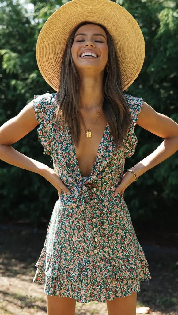 Printed Two-piece Suit Short Lace Up Top Ruffled Splicing Skirt Suit