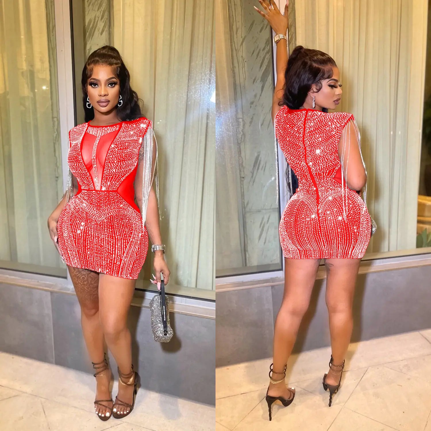Fashion Women’s Wear Mesh Hot Drilling Dress