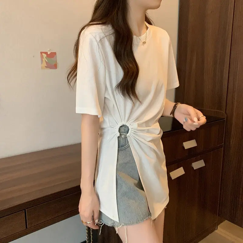 Cotton Irregular Split Short-sleeved T-shirt Women’s Summer