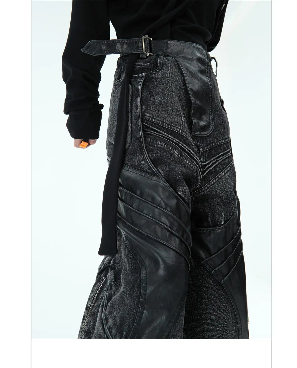Heavy Washed Black Armor Jeans Deconstructed PU Leather Stitching Trousers