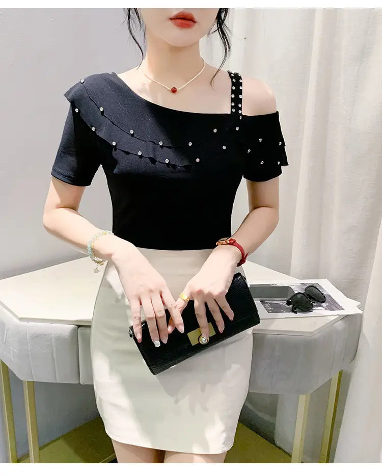 Ruffled Short Sleeves Off-the-shoulder Filamentation Top