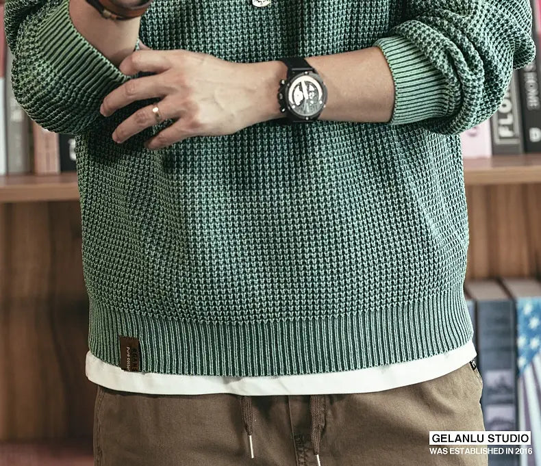 Pineapple Pattern Waffle Thick Needle Washed Round Neck Sweater