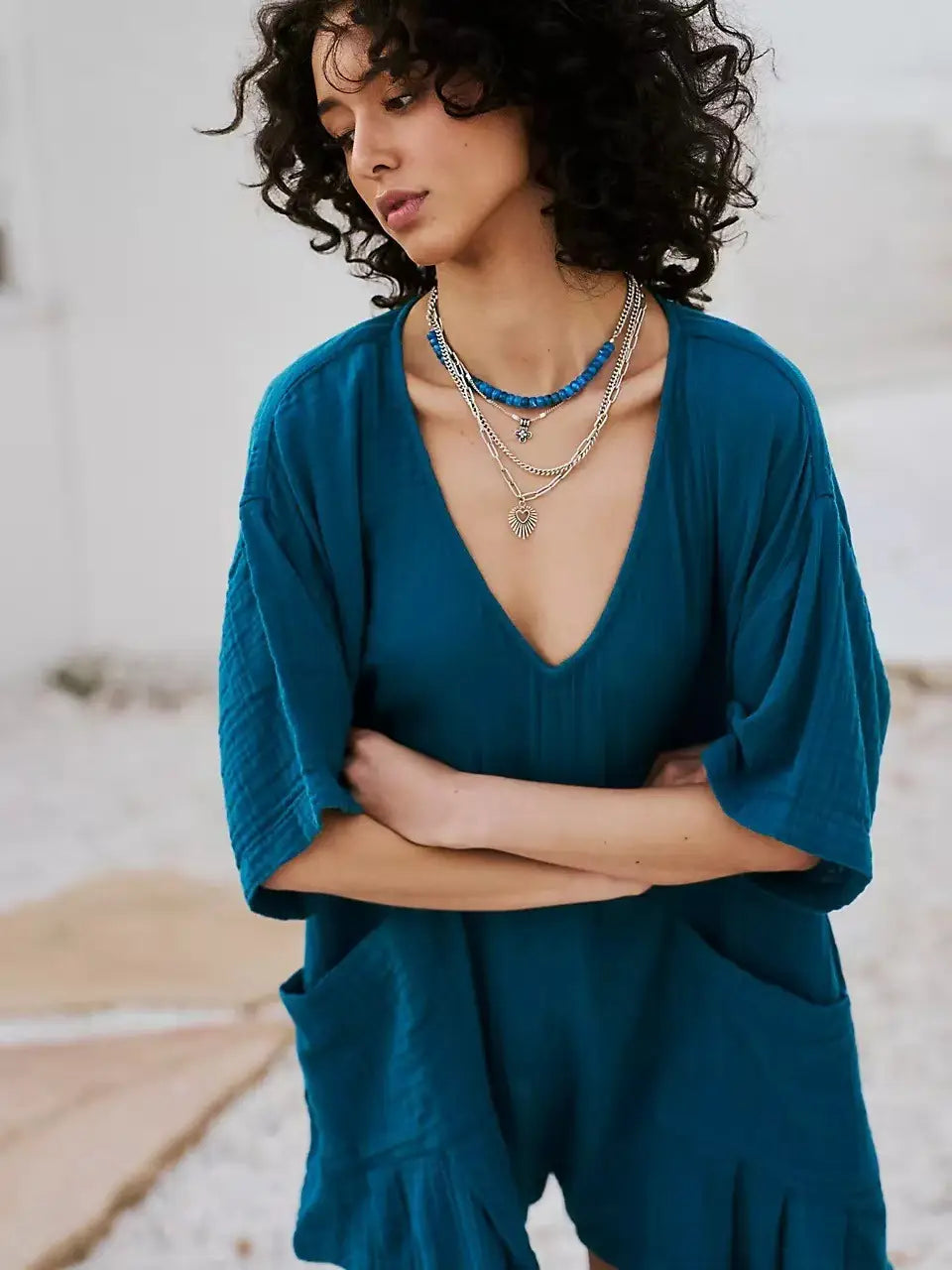 New Slub Cotton Ruffled V-neck Pocket Beach Sun Protection Blouse For Women