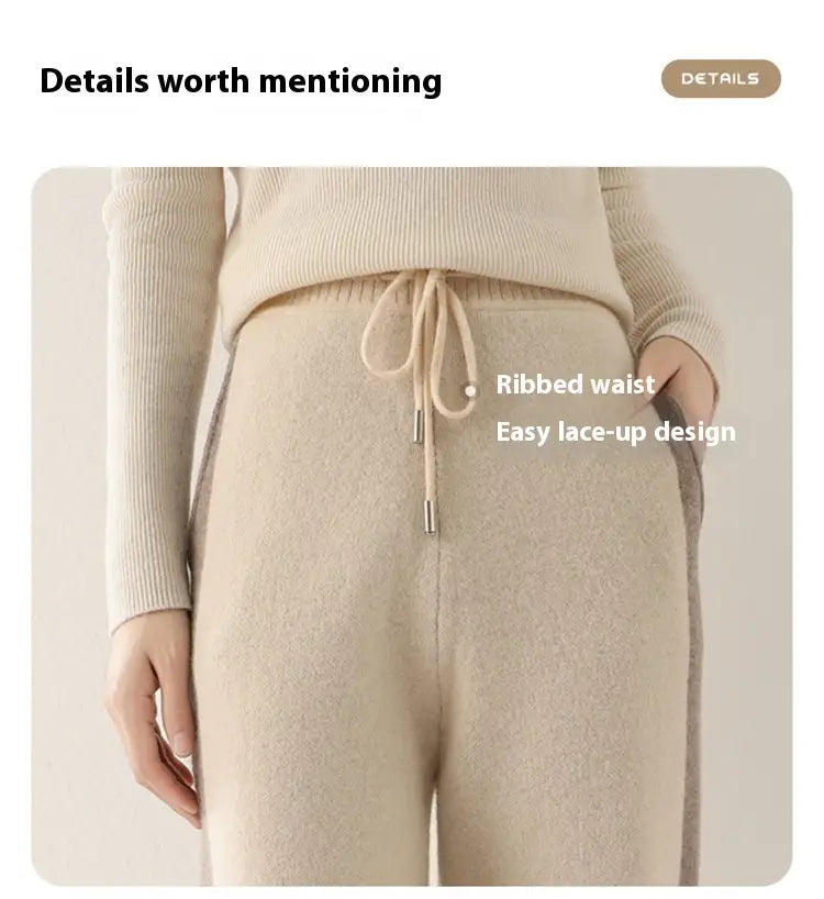 Color Contrast Patchwork Pure Wool Knit Casual Pants