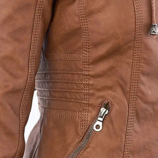 Women’s Detachable Lapel Long Sleeve Solid Color Zipper Leather Jacket Coat