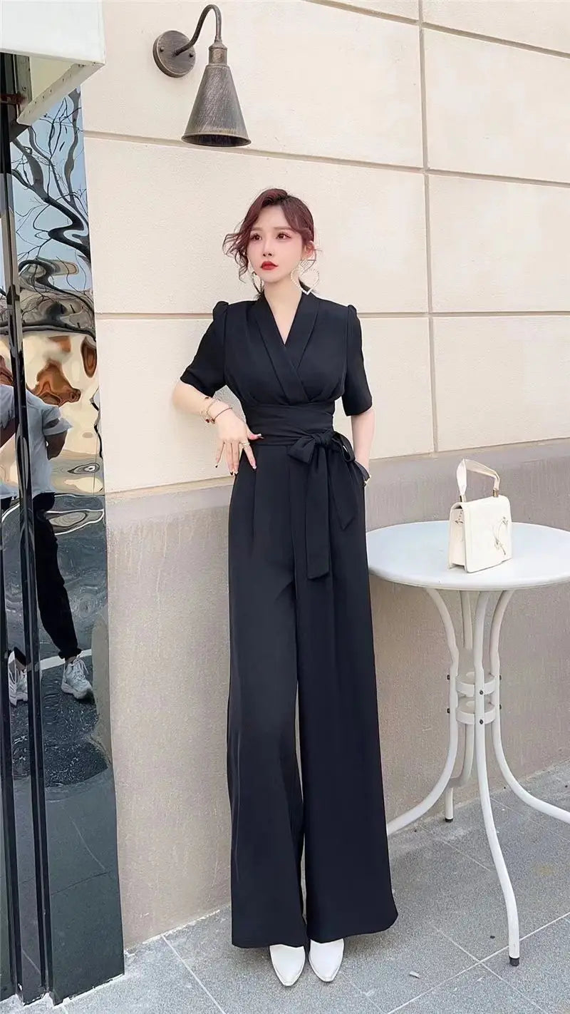 Elegant Temperament Pure Color High Waist Slimming Lace-up Wide Leg Jumpsuit